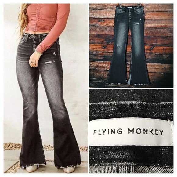 Flying Monkey Jeans 28 Button Fly Mid Rise Slit Flare Distressed Black Stretch - Picture 1 of 10